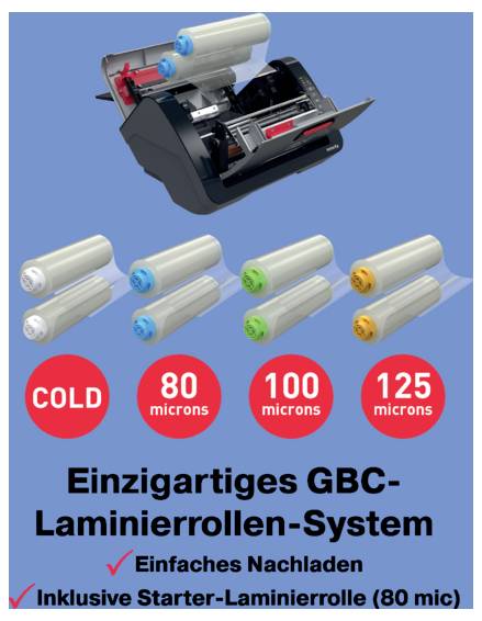 Werbegrafik eines GBC-Laminiergeräts mit einfachem Rollenladungssystem, das austauschbare Laminierrollen in den Optionen Kalt, 80, 100 und 125 Mikron zeigt.