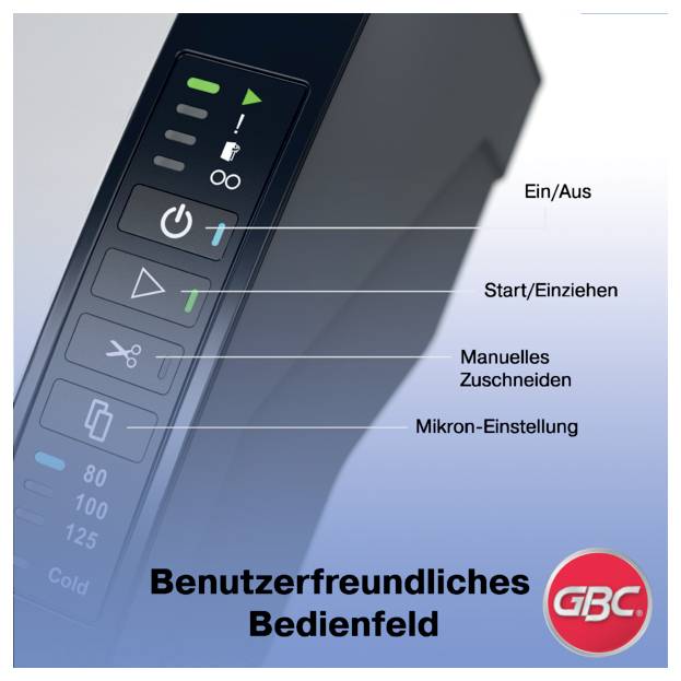 Nahaufnahme eines GBC-Gerätbedienfeldes mit beschrifteten Tasten für Ein/Aus, Start/Zuführung, manuelles Schneiden und Mikron-Einstellung; Text sagt „Benutzerfreundliches Bedienfeld