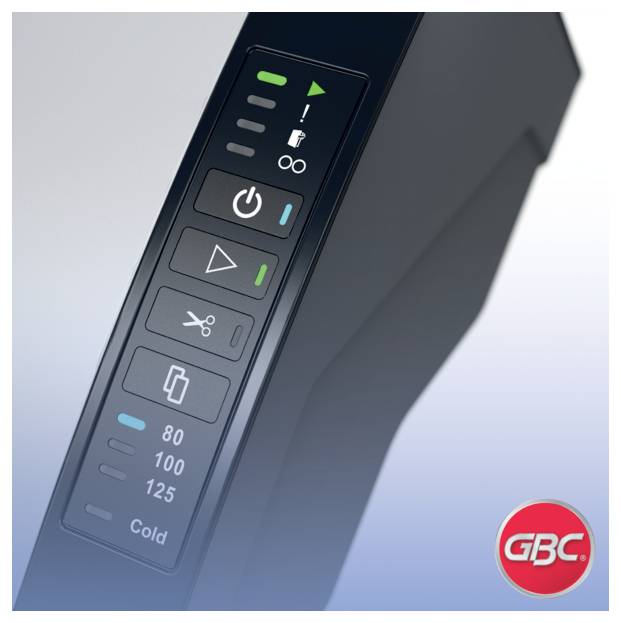 Nahaufnahme eines GBC-Laminierer-Bedienfelds mit Symbolen für Ein/Aus, Start, Rückwärts/Schnitt und Temperatureinstellungen 80, 100, 125, Kalt.