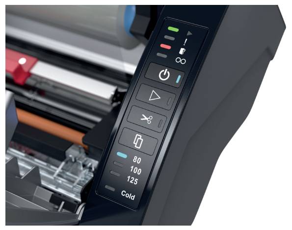 Nahaufnahme eines Laminiermaschinen-Bedienfelds mit Stromversorgung, Start-, Schneid- und Dickenschaltern mit den Beschriftungen „80