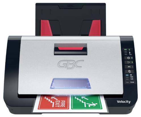 GBC Velocity Dokumentenscanner mit einer gescannten Seite und einer weiteren Ausgabeseite mit den Beschriftungen 