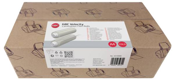 Eine Schachtel mit GBC Velocity Laminating Film Rolls sitzt auf einer größeren Pappe-Versandbox.