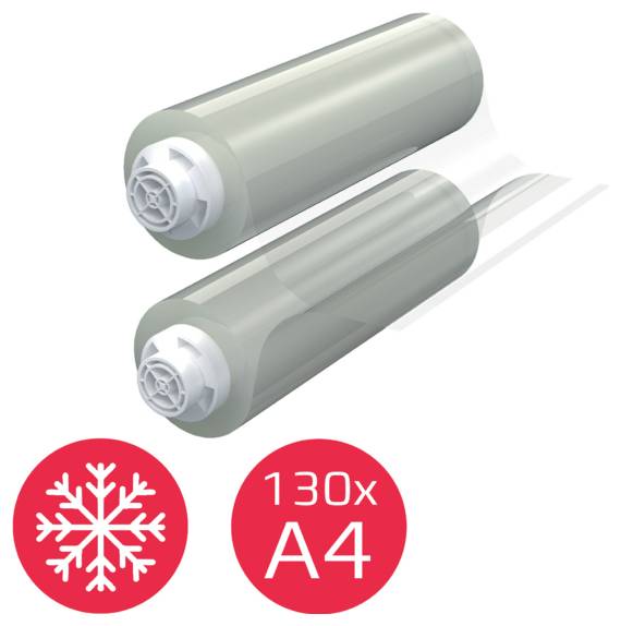 Zwei Roll-Up-Banner oder Plakate in durchsichtigen Röhren gezeigt, mit roten Symbolen, die eine Schneeflocke und die Größe 