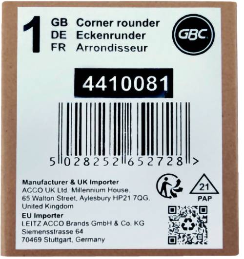# GBC Corner rounder Produktetikett mit Modellnummer 4410081, Barcode, QR-Code und Hersteller-/Importeuradressendetails.GBC EckenrunderModellnummer: 4410081[Barcode][QR-Code]Hersteller/Importeur:GBC[Adressdetails]