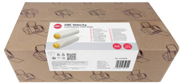 Karton mit GBC Velocity Laminierfolien-Rollen, gekennzeichnet als A4, 75 Mikron, mit Produktinformationen und Barcode auf der Vorderseite.