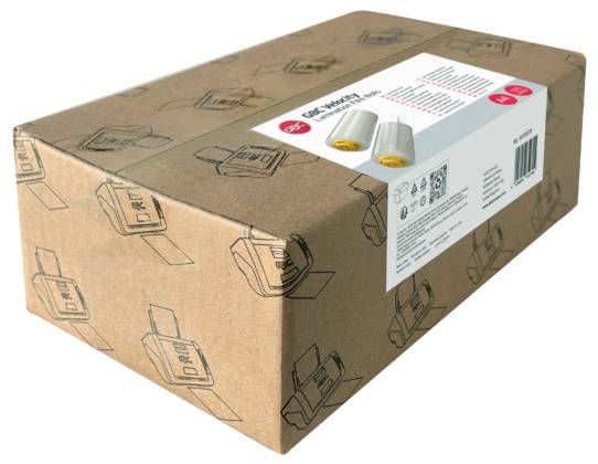 Pappversandkarton mit einem Produktetikett und zwei auf der Oberseite abgebildeten Batterien.
