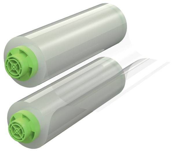 Zwei zylindrische graue Filterkartuschen mit leuchtend grünen Endkappen, diagonal gestapelt auf weißem Hintergrund dargestellt.