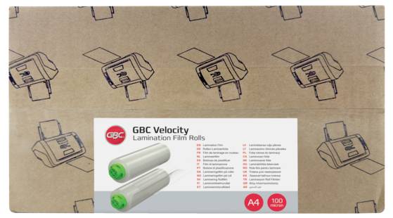 Verpackte GBC Velocity Laminierfolienrollen mit Produktetikett mit Angabe A4 und 100 Mikron auf gemustertem Verpackungshintergrund.