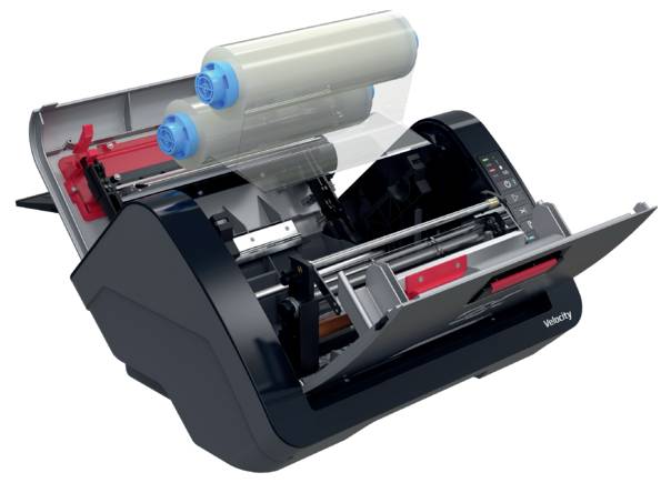 3D illustration of a compact desktop printer with an open top showing two large media rolls and internal rollers, likely a label or receipt printer.