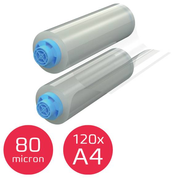 Zwei zylindrische Filterpatronen mit blauen Endkappen, gekennzeichnet mit 80 Mikron und 120x A4, in einer produktstylisierten Illustration dargestellt.