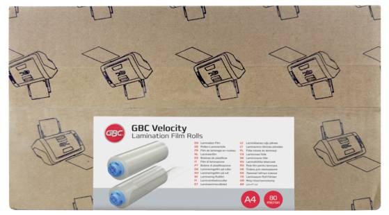 GBC Velocity Laminierfolien-Rollen Karton auf braunem Karton, beschriftet mit „A4
