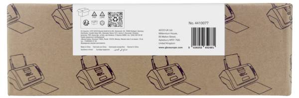Verschlossener Karton mit weißem Versandetikett, QR-Code und Barcode; das Etikett zeigt Produktdetails und die Nummer „4410077