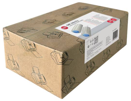 Braune Pappe Versandkarton umwickelt mit bedrucktem Papier, mit weißem Produktetikett und Barcode auf der Seite.