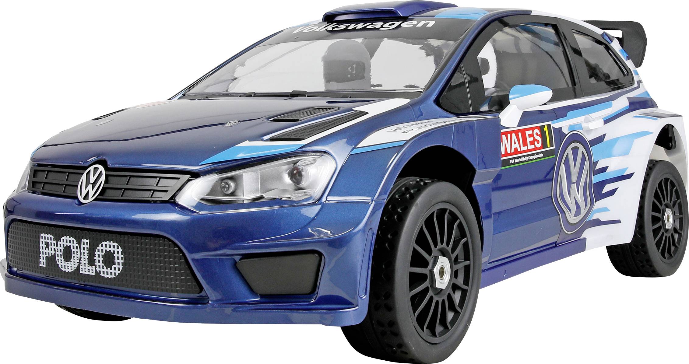 Blauer Volkswagen Polo Rallye-Wagen auf weißem Hintergrund, von vorne links gezeigt mit Racing-Dekaloren, schwarzen Rädern und 