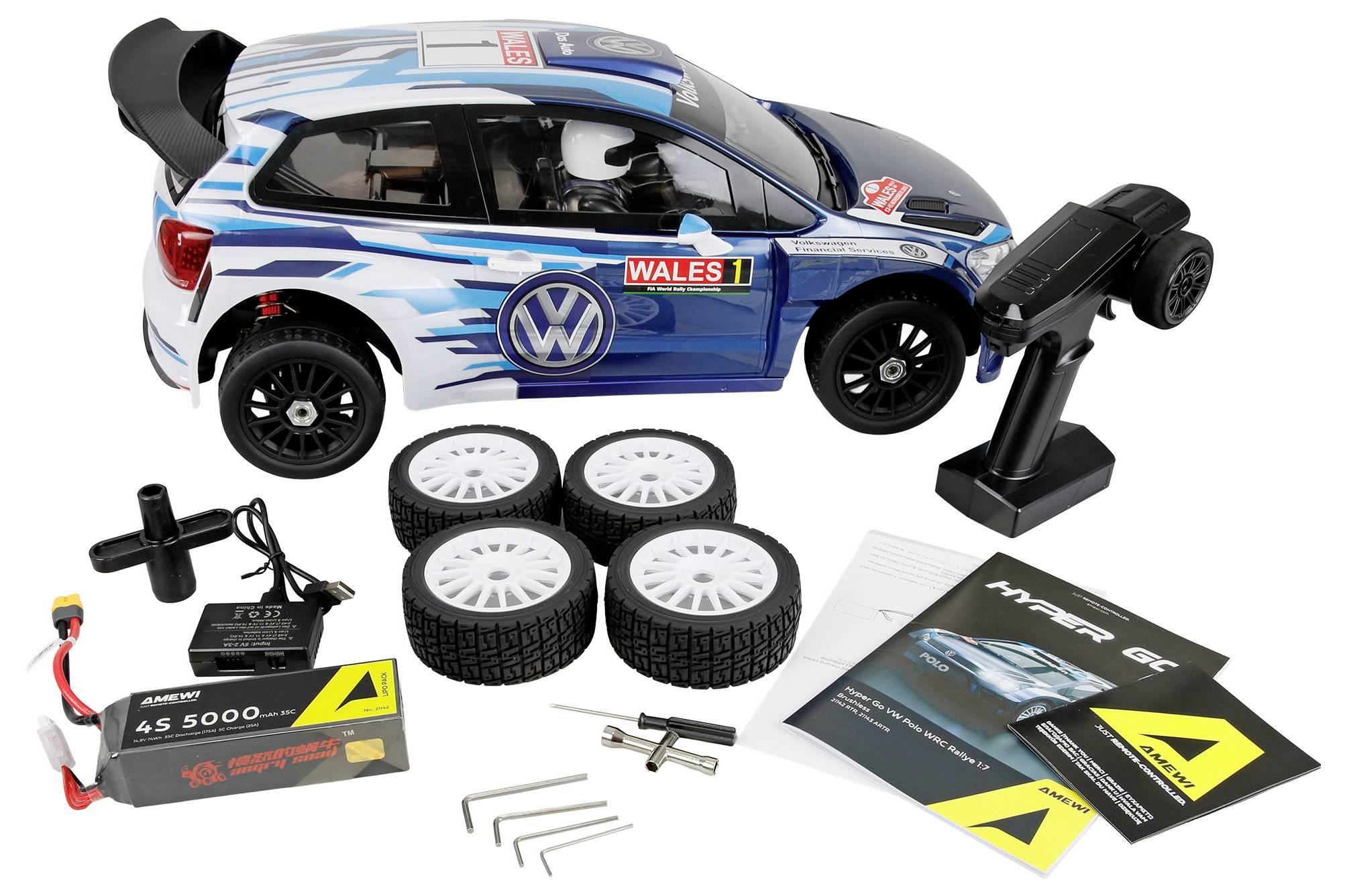 RC-Rallye-Autobausatz mit blauem Volkswagen-ähnlichem Auto, Pistolengriff-Fernbedienung, Batterie, Ersatzreifen, Werkzeugen, Ladegerät und Bedienungsanleitung