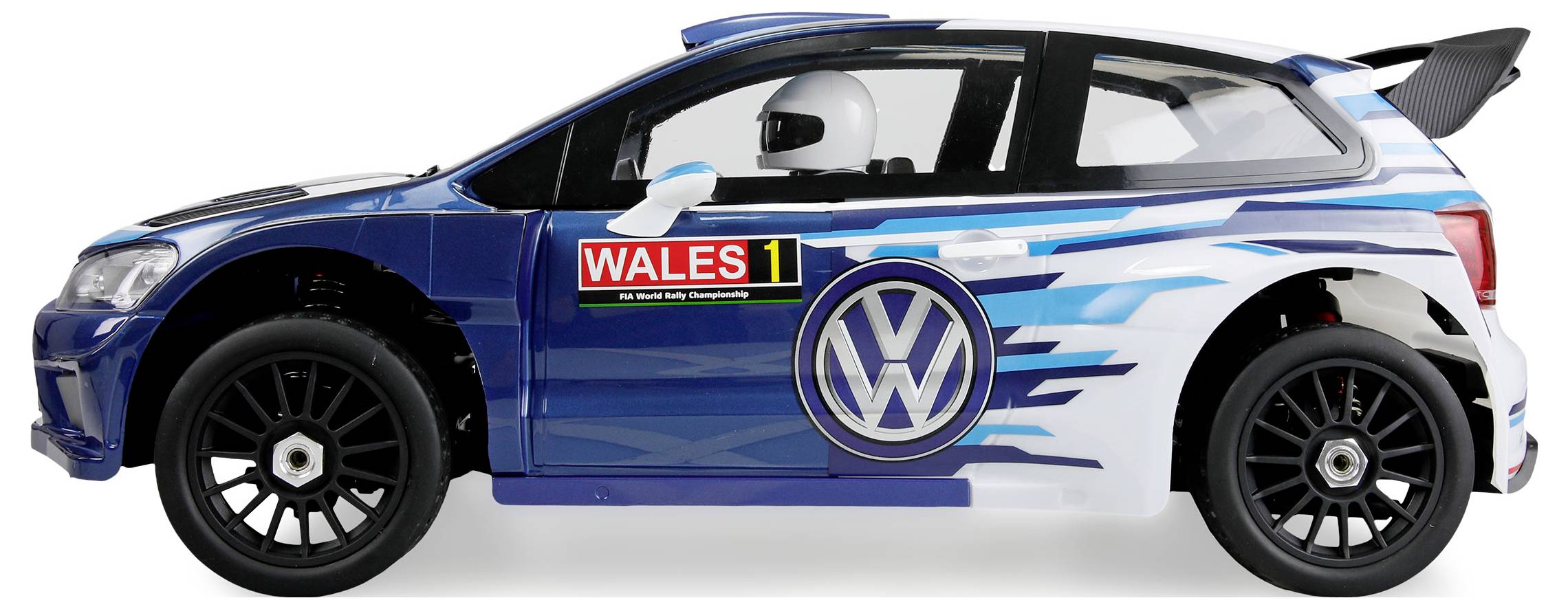 Blau-weißer Volkswagen-Rallye-Rennwagen in Seitenansicht, mit der Aufschrift „WALES 1