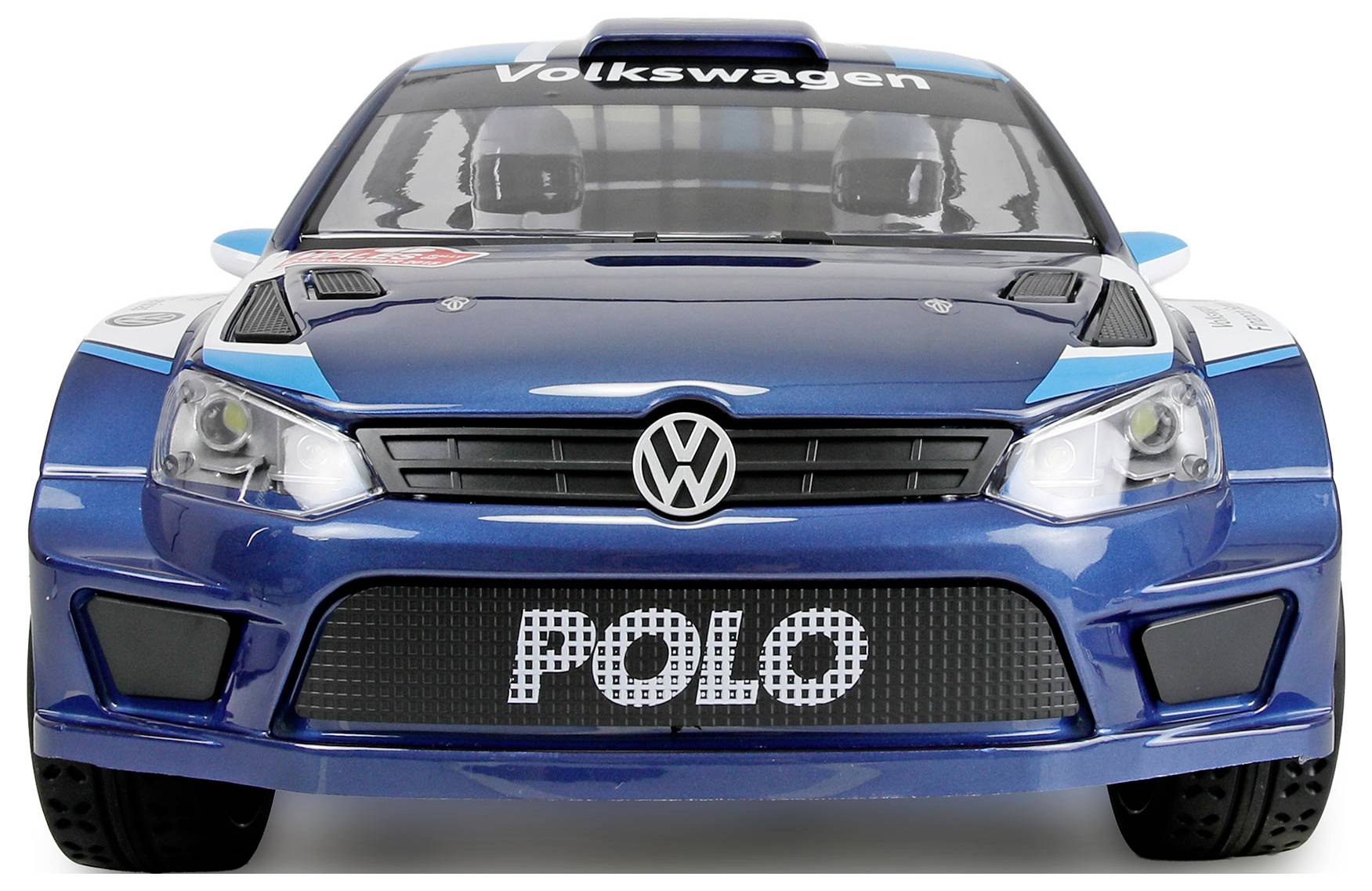 Frontansicht eines blauen Volkswagen Polo Autos mit Volkswagen Logo und 