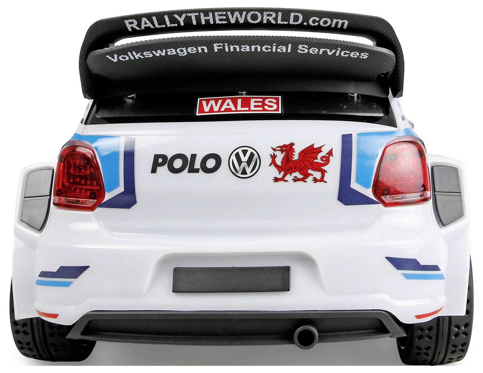 Rückansicht eines weißen Volkswagen Polo Rallyeautos mit 