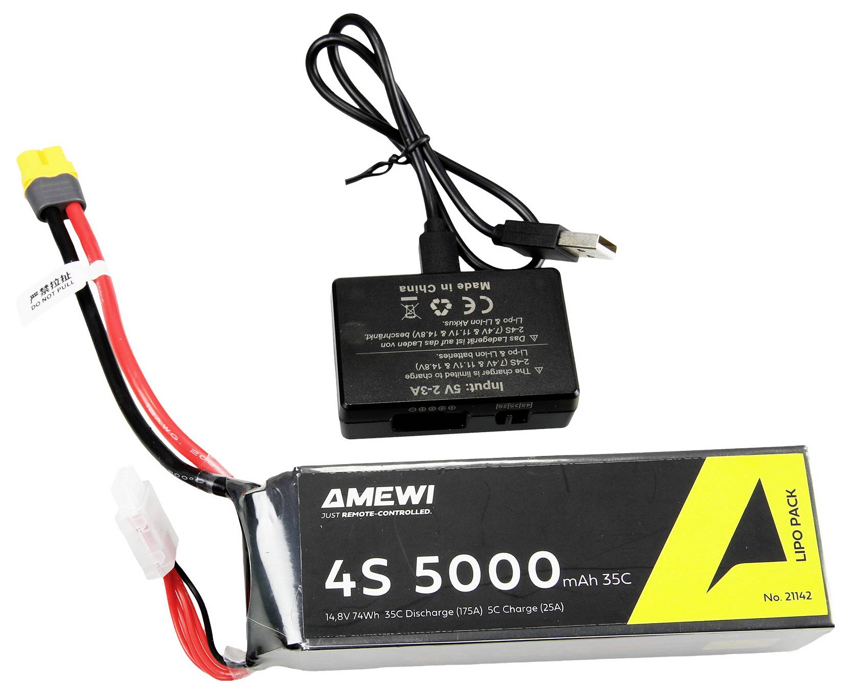 Ein 4S 5000-mAh-LiPo-Akkupack mit XT60-Stecker, dargestellt mit einem USB-Ladegerät und Kabeln auf weißem Hintergrund.