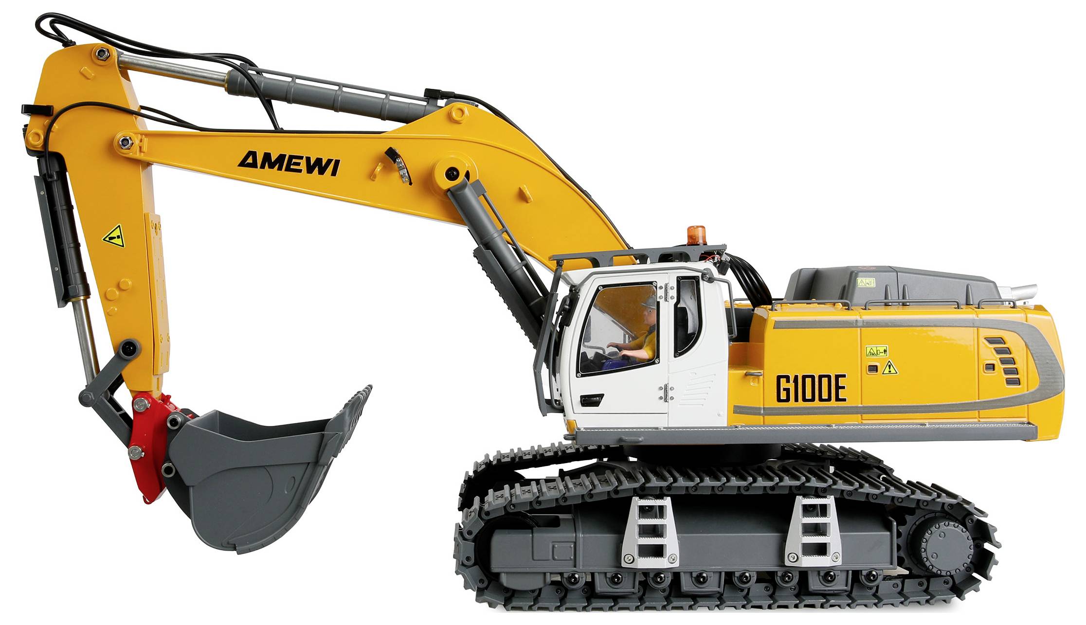 Gelber AMEWI G100E Raupenbagger mit Schaufel, in Seitenansicht auf weißem Hintergrund dargestellt.