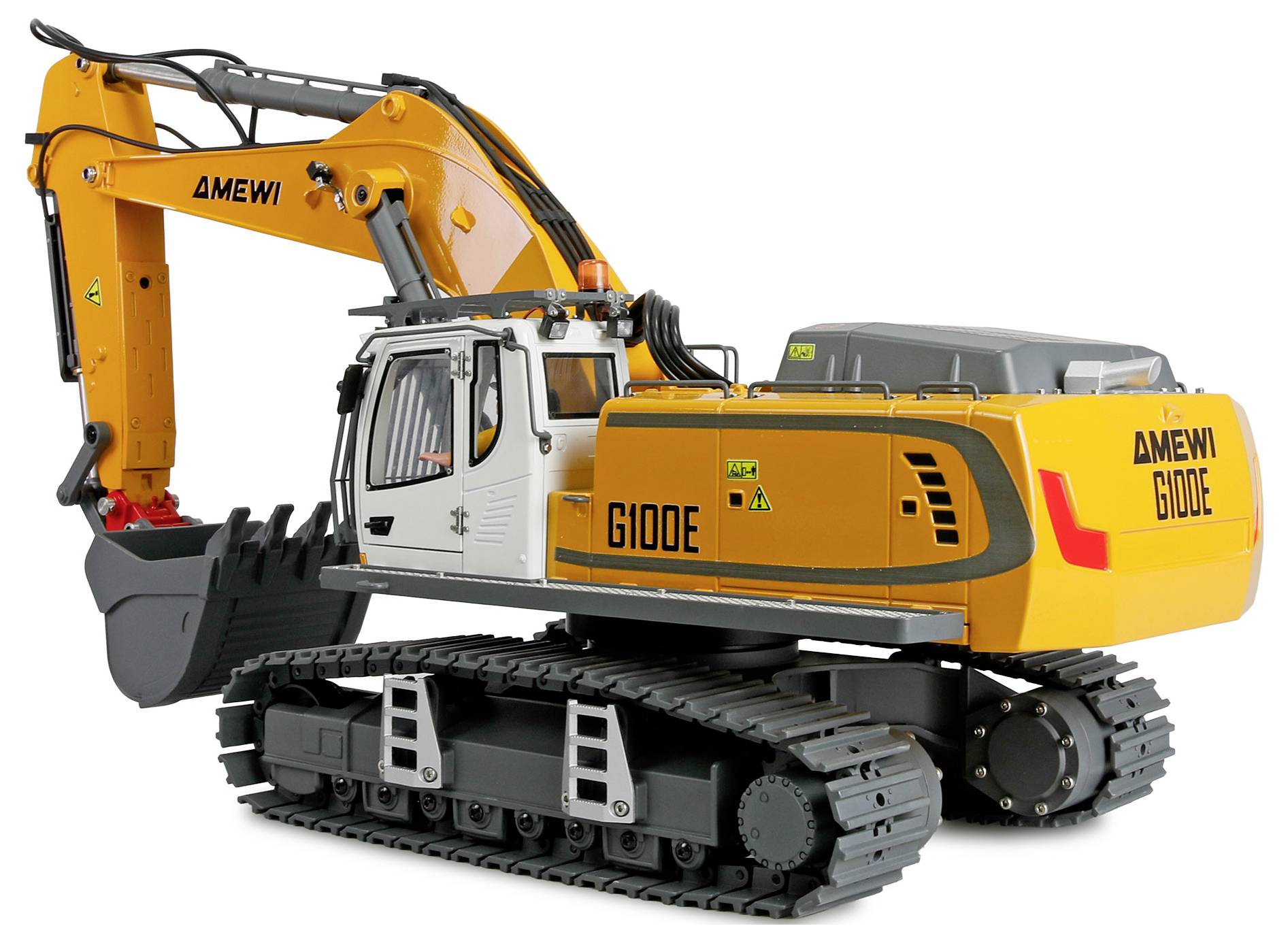 Orange AMEWI G100E Raupenbagger-Spielzeug mit schwarzem Schaufel auf weißem Hintergrund