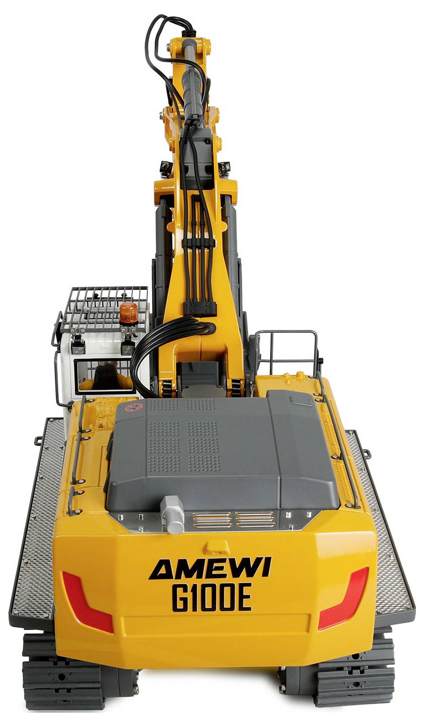Rückansicht eines gelben und grauen AMEWI G100E Raupenbaggers mit angehobenem Ausleger und Plattformschienen auf weißem Hintergrund.