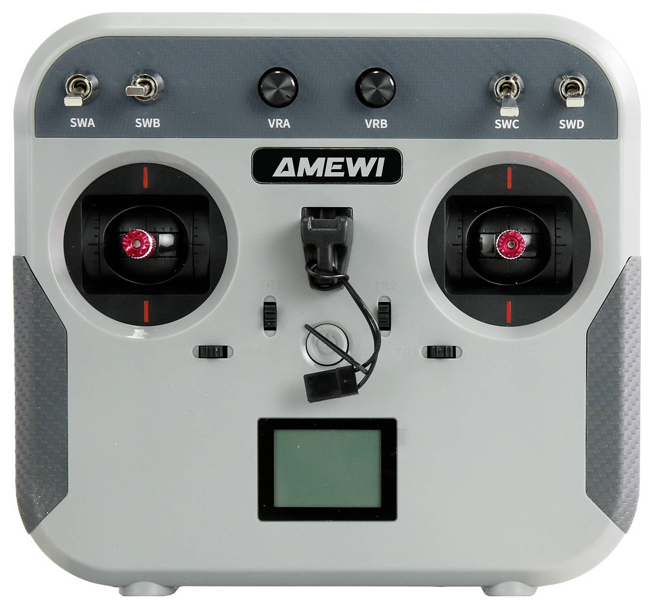 AMEWI Fernsteuerungssender mit zwei Joysticks, Schaltern, Antennenkabel und kleinem Displaybildschirm.