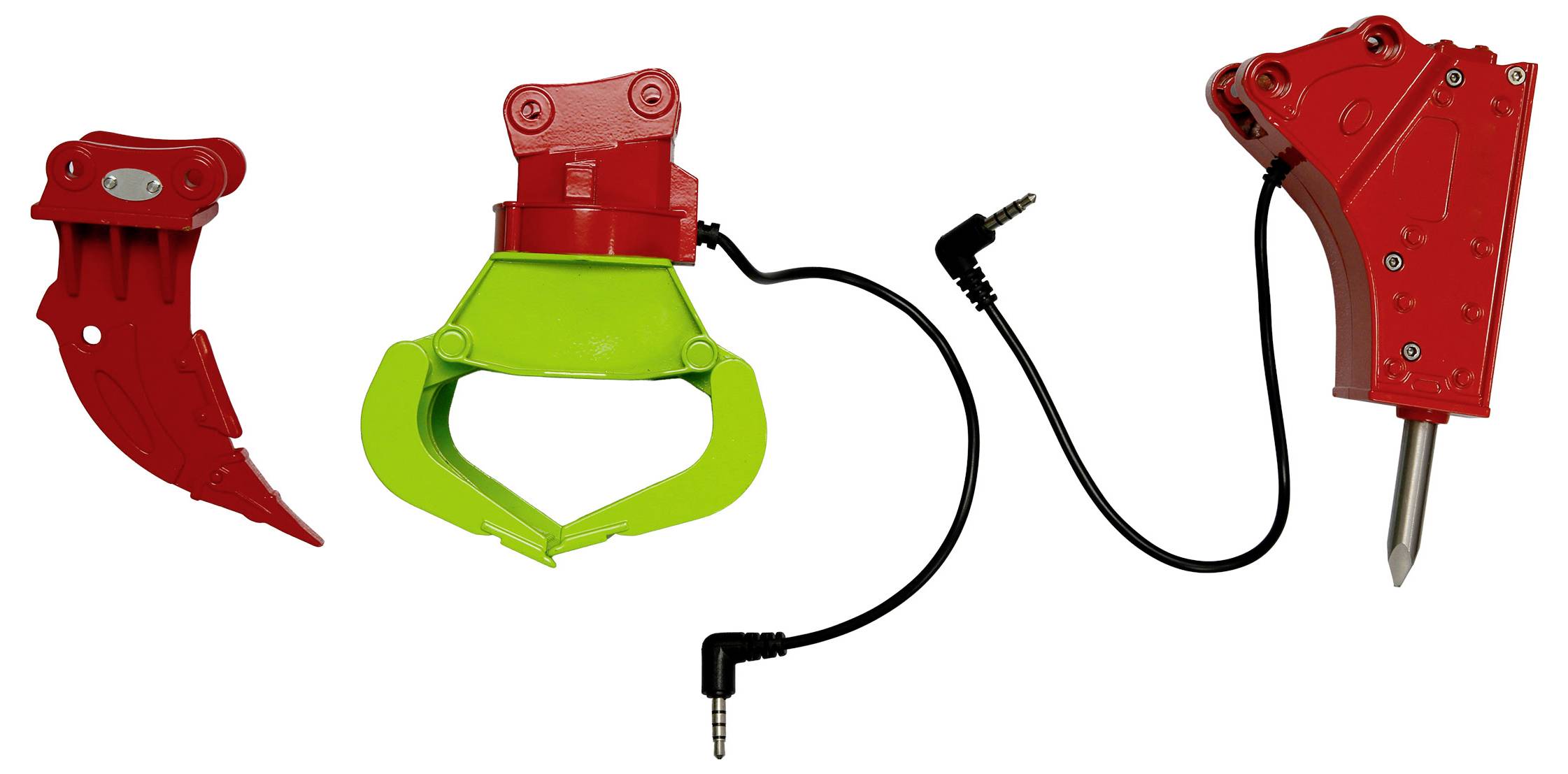 Drei austauschbare Baggerschaufeln: ein roter Reißzahn, eine grüne Greifzange und ein roter Hydraulikhammer mit Schlauch.