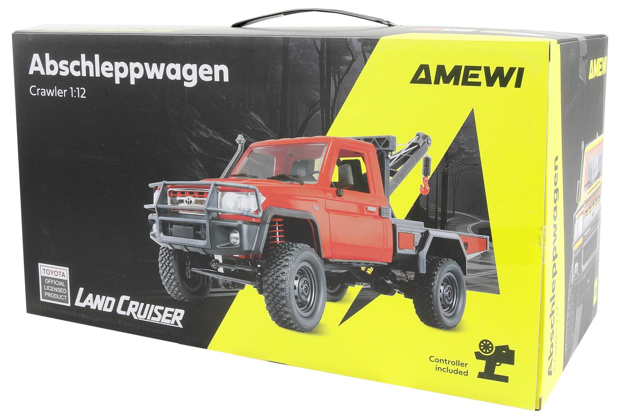 Verpackung eines AMEWI 1:12 'Abschleppwagen' Land Cruiser Crawler Spielzeugs, das einen roten Abschleppwagen auf der Verpackung zeigt.