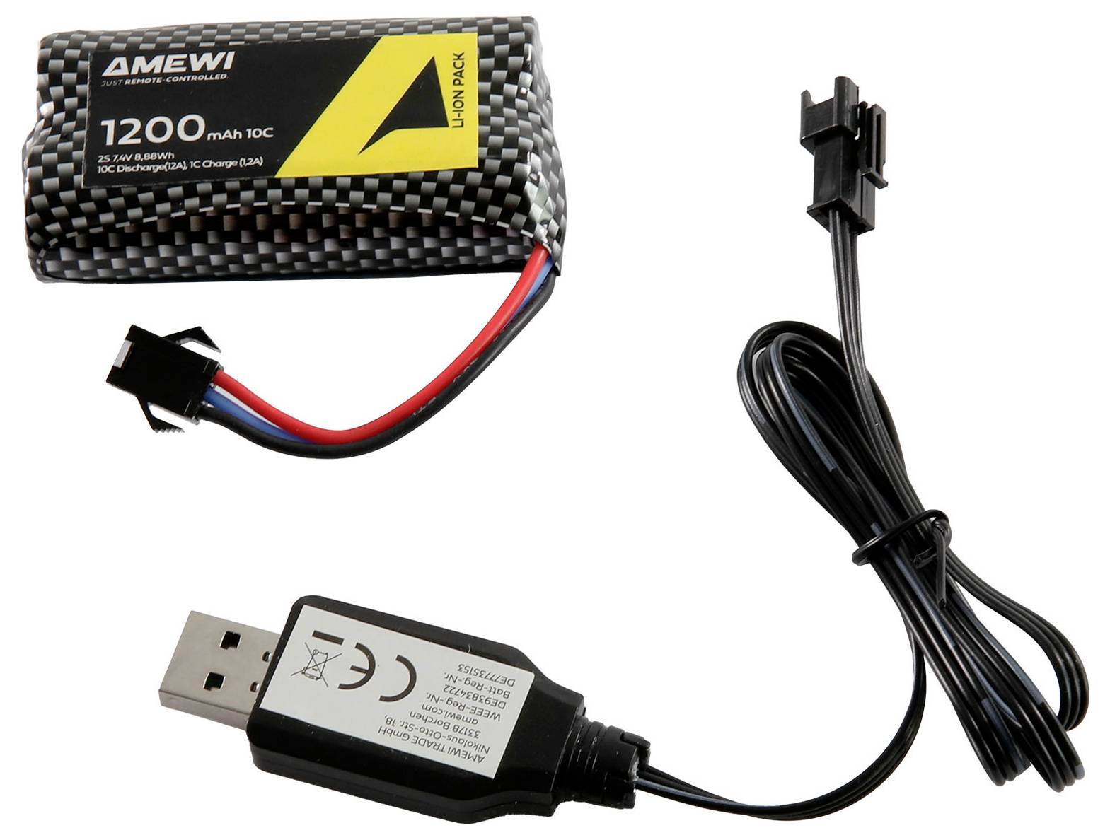 Batteriepak mit roten und schwarzen Anschlussleitern und einem USB-Ladekabel, das an einem USB-Stecker und Steckerende befestigt ist.