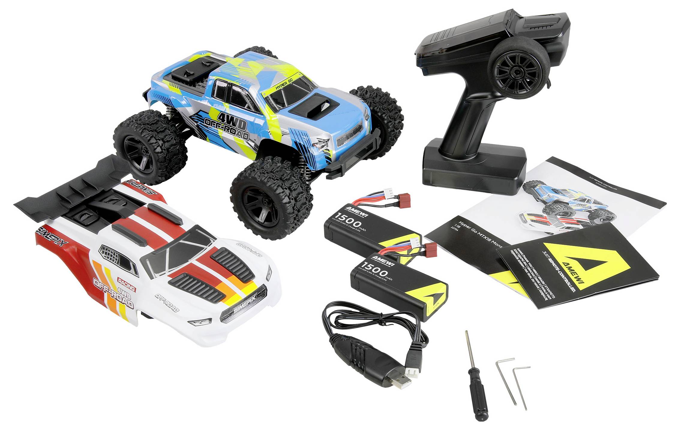 Zwei Ferngesteuerte Geländewagen, ein tragbarer Controller, zwei Batterien, Ladegerät, USB-Kabel, Schraubendreher, Inbusschlüssel und Ersatzteile/Zubehör auf weißem Hintergrund ausgelegt.
