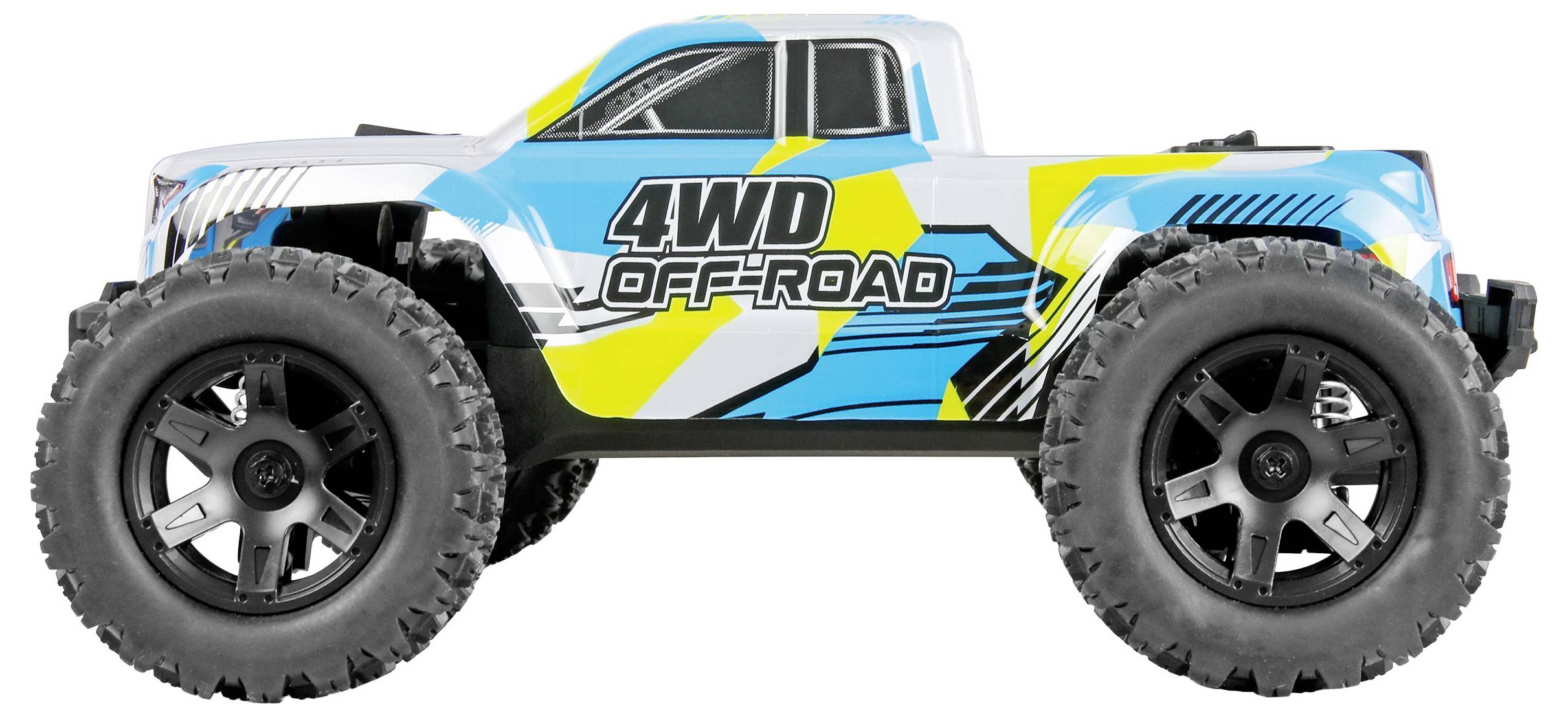 Seitenansicht eines blau-gelben 4WD-Geländewagen-RC-Lastwagens mit großen Noppen-Reifen auf weißem Hintergrund.