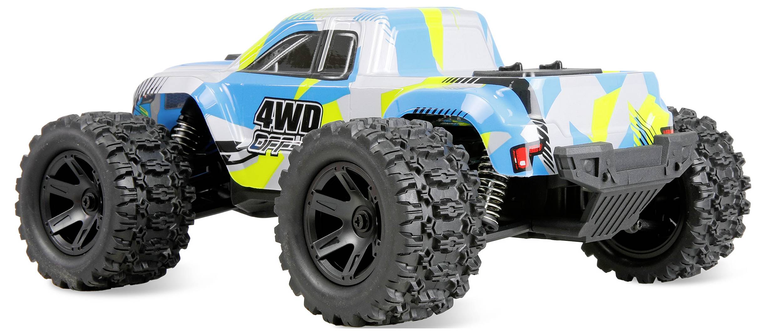 Blauer und gelber 4WD Geländewagen-Spielzeuglaster mit großen Profilreifen, dargestellt in Seitenansicht auf weißem Hintergrund.