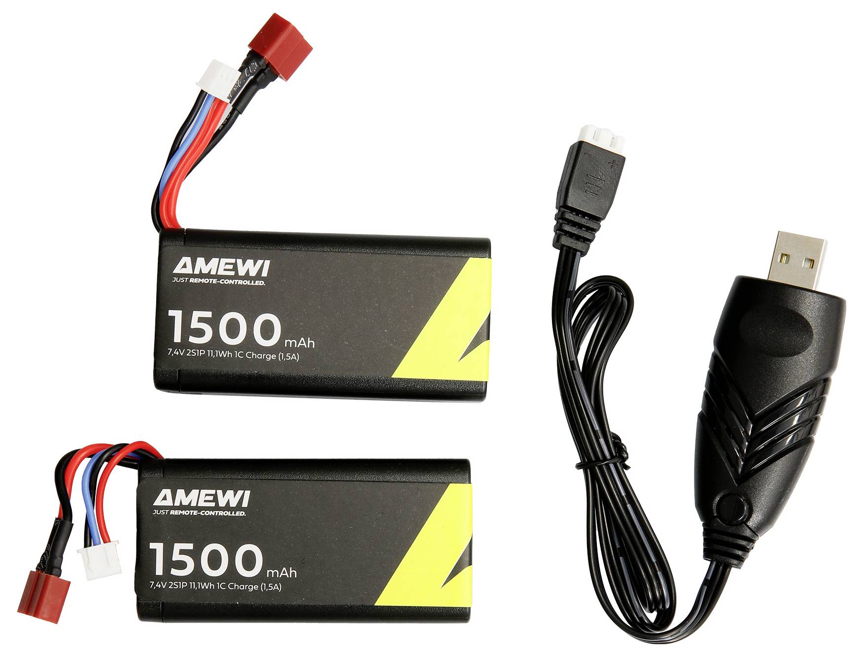 Zwei AMEWI 1500 mAh 7,4V LiPo-Akkus mit Steckverbindern, neben einem USB-Ladekabel auf weißem Hintergrund dargestellt.