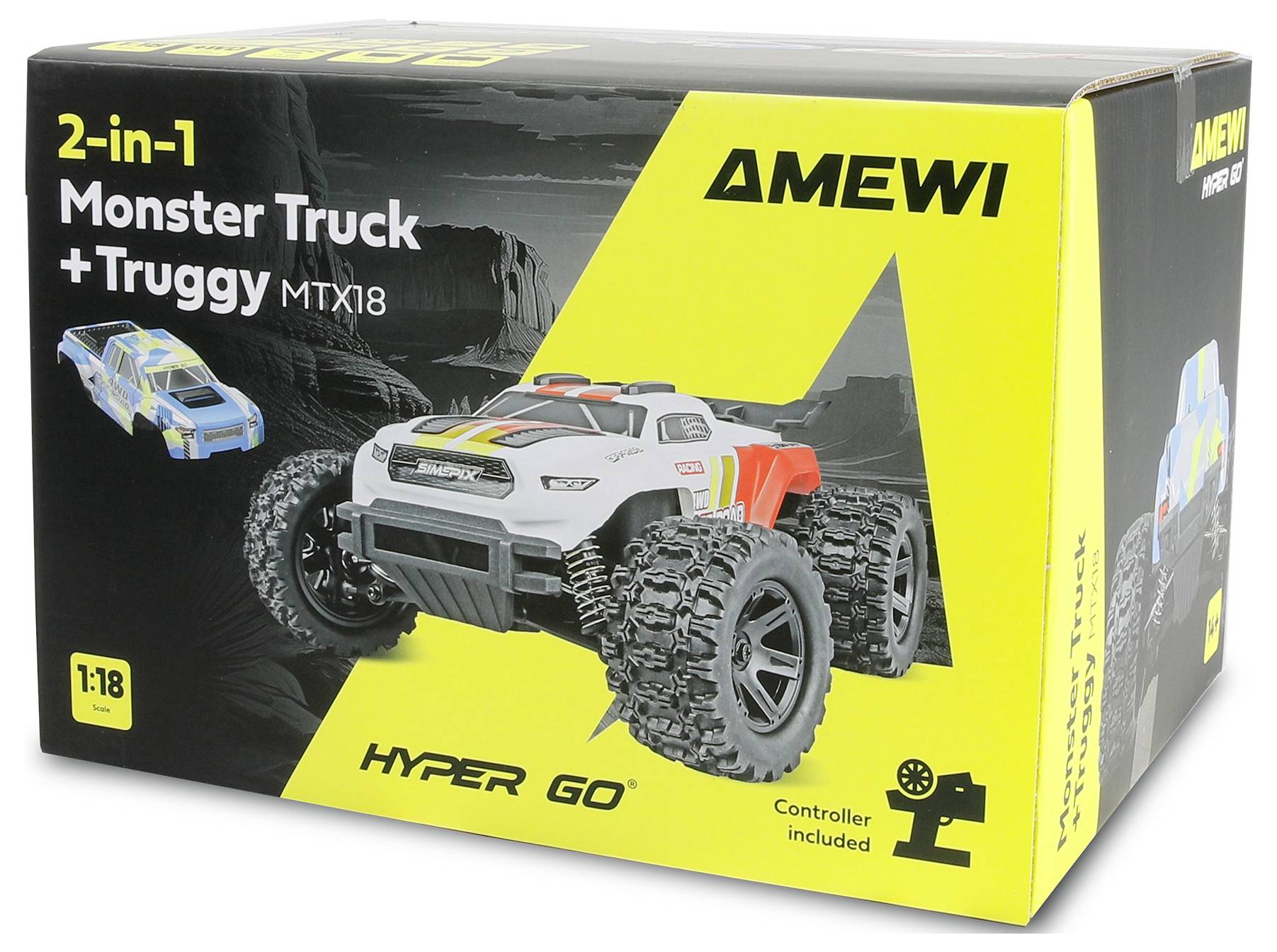 Verpackung für einen AMEWI 2-in-1 Monster Truck + Truggy RC-Spielzeug, Modell MTX18, mit einem weißen Geländelastwagen und im Lieferumfang enthaltenem Controller.