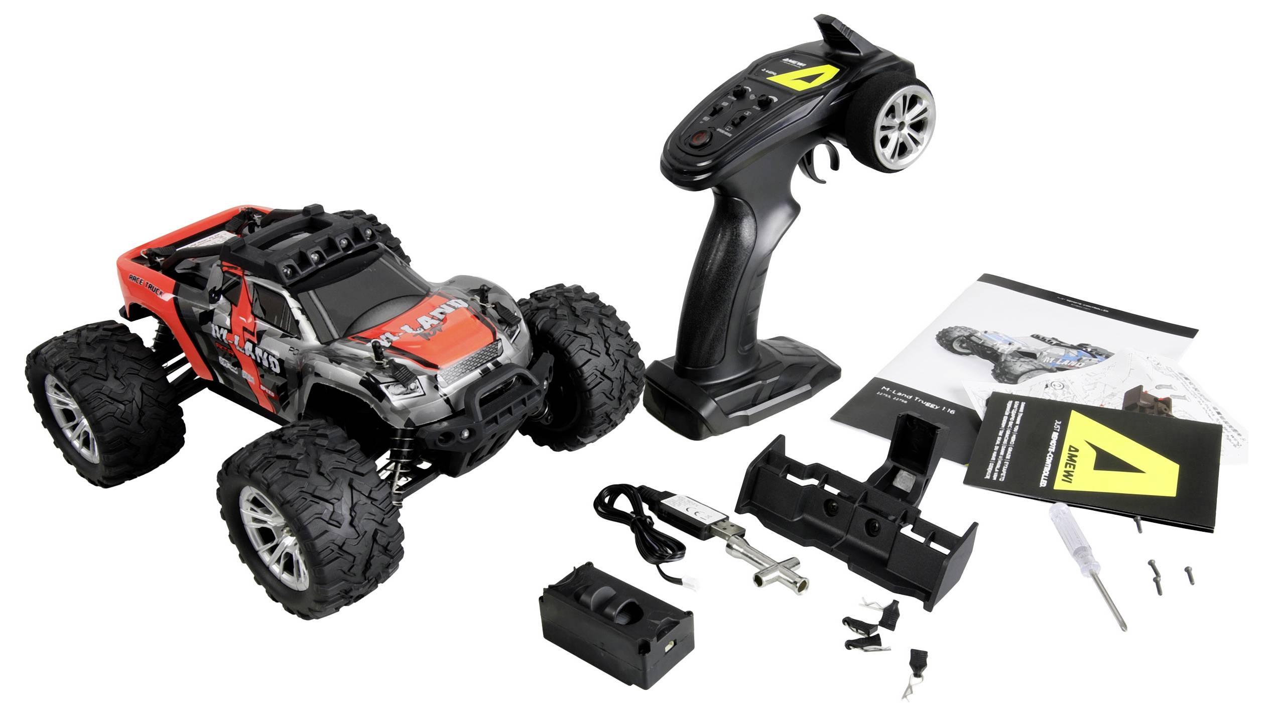 Ferngesteuertes Offroad-Auto-Set mit tragbarem Controller, Ladegerät, Akku und Montagezubehör auf weißem Hintergrund angeordnet.