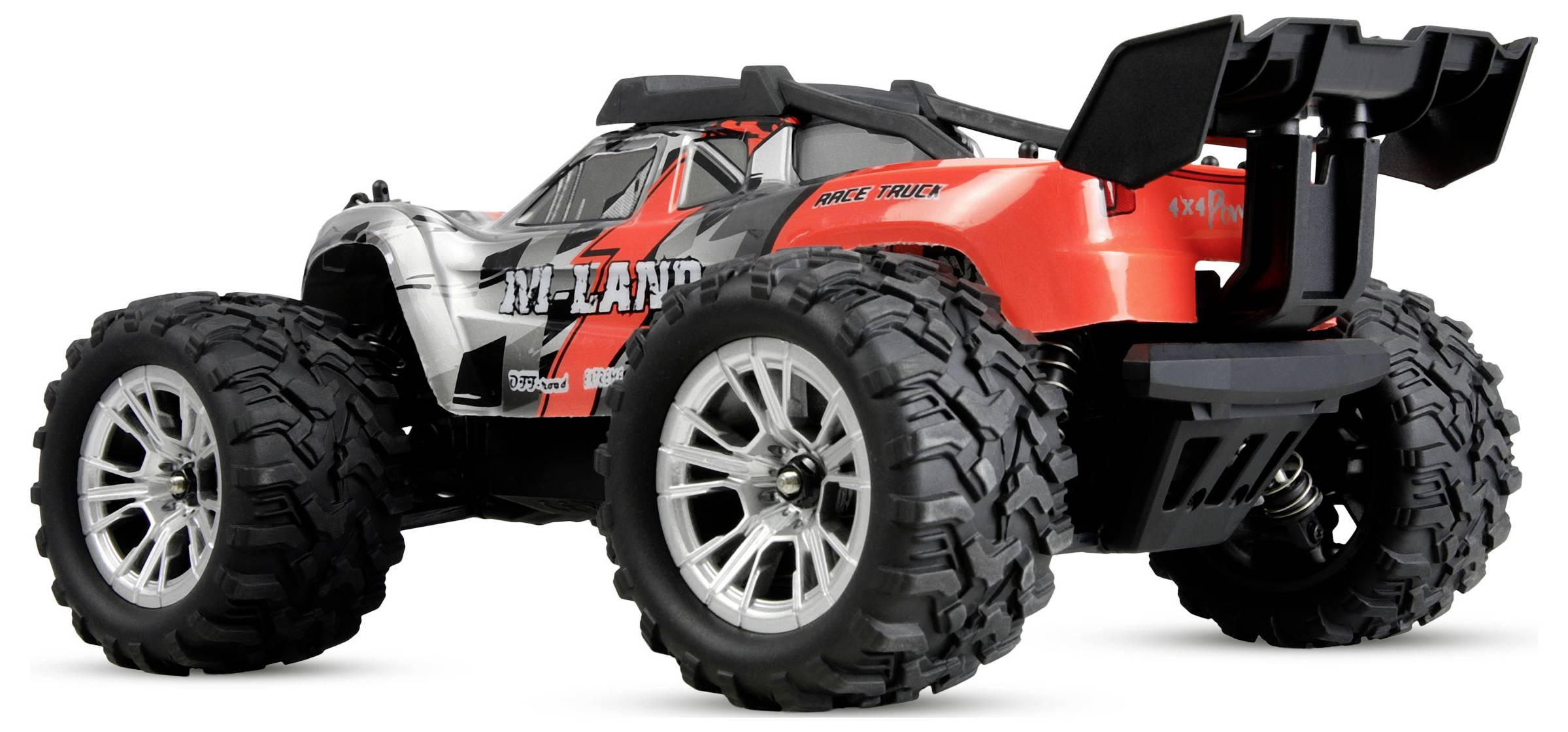 Rot und schwarzer ferngesteuerter Monstertruck mit übergroßen Noppen-Reifen, in Seitenansicht auf weißem Hintergrund gezeigt.