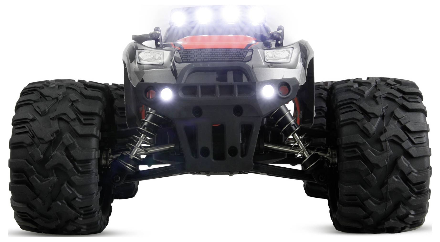 Vorderansicht eines Geländewagen-RC-Monstertruck mit übergroßen Reifen und hellen Scheinwerfern auf weißem Hintergrund.