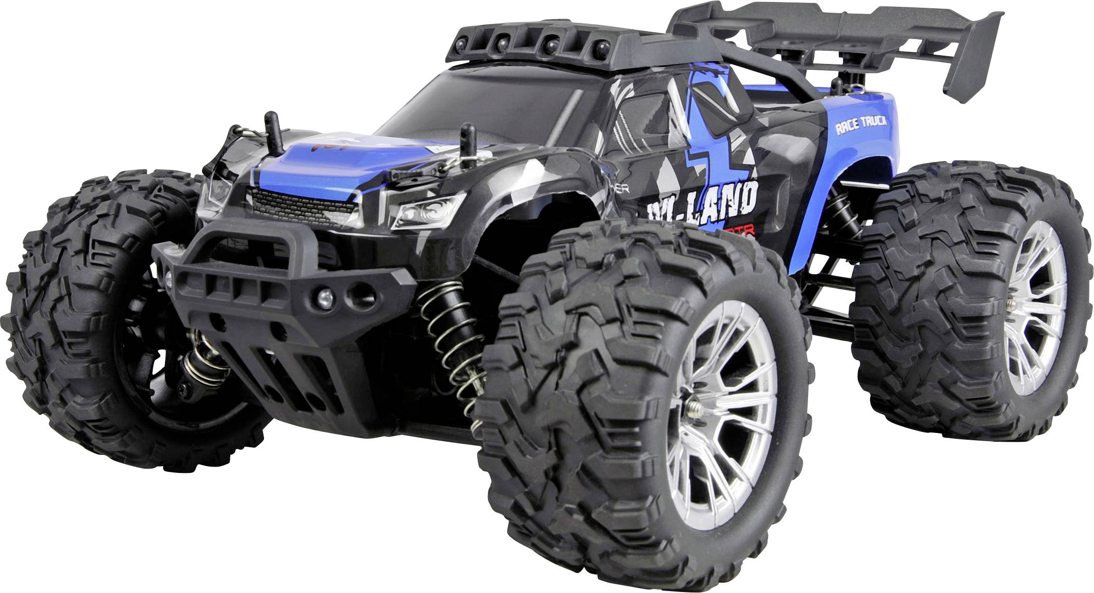 Blauschwarze Fernbedienung-Monstertruck mit übergroßen knotigen Reifen, auf weißem Hintergrund dargestellt.