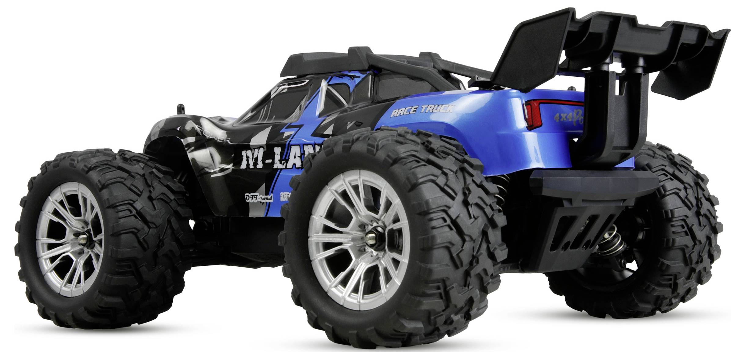 Blauschwarzer ferngesteuerter Geländewagen mit übergroßen Reifen und Heckspoiler, dargestellt auf weißem Hintergrund.