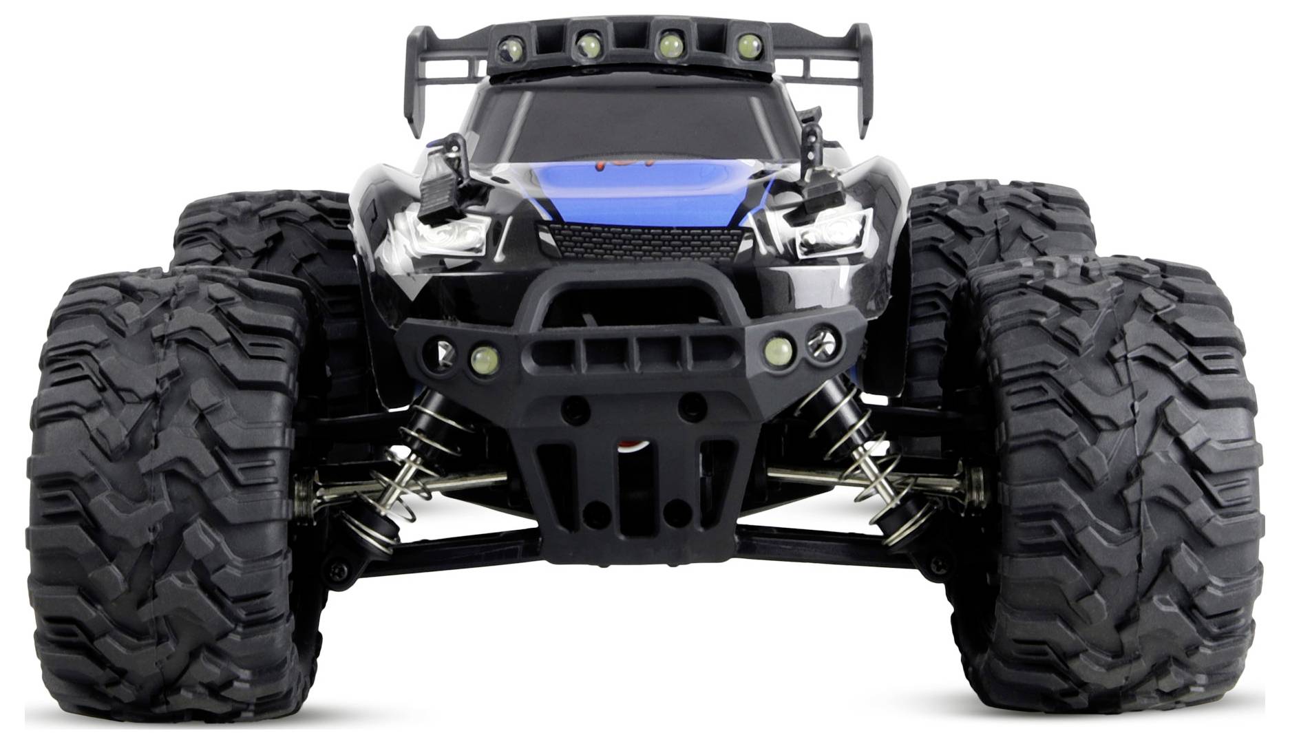 Frontansicht eines schwarzen Geländewagen-RC-Lastkraftwagens mit übergroßen Profilreifen, blauem Hutzenakzent und freiliegender Aufhängung auf weißem Hintergrund.