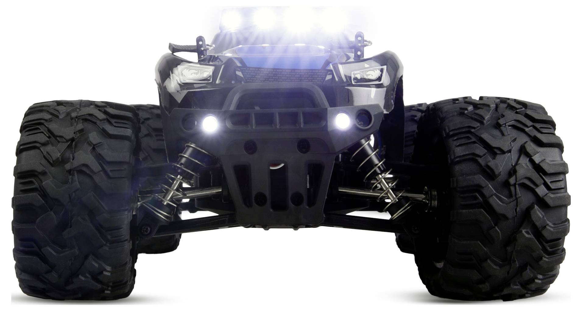 Frontansicht eines schwarzen Gelände-Monstertruck mit übergroßen Reifen, hellen Scheinwerfern und freiliegender Aufhängung auf weißem Hintergrund.