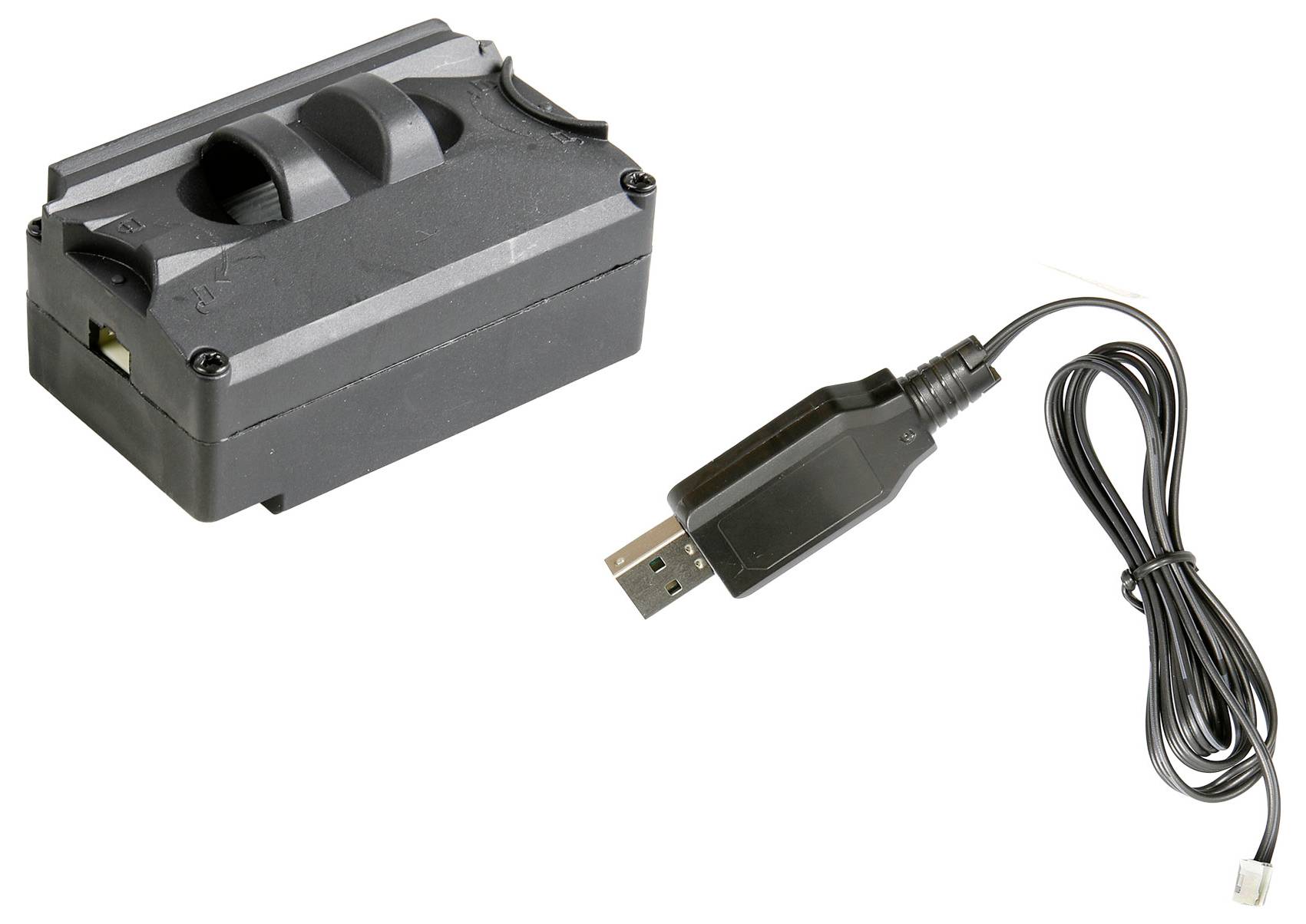 Schwarzes Batteriepack und USB-Ladekabel auf weißem Hintergrund, zeigt ein wiederaufladbares Strommodul mit Stecker.