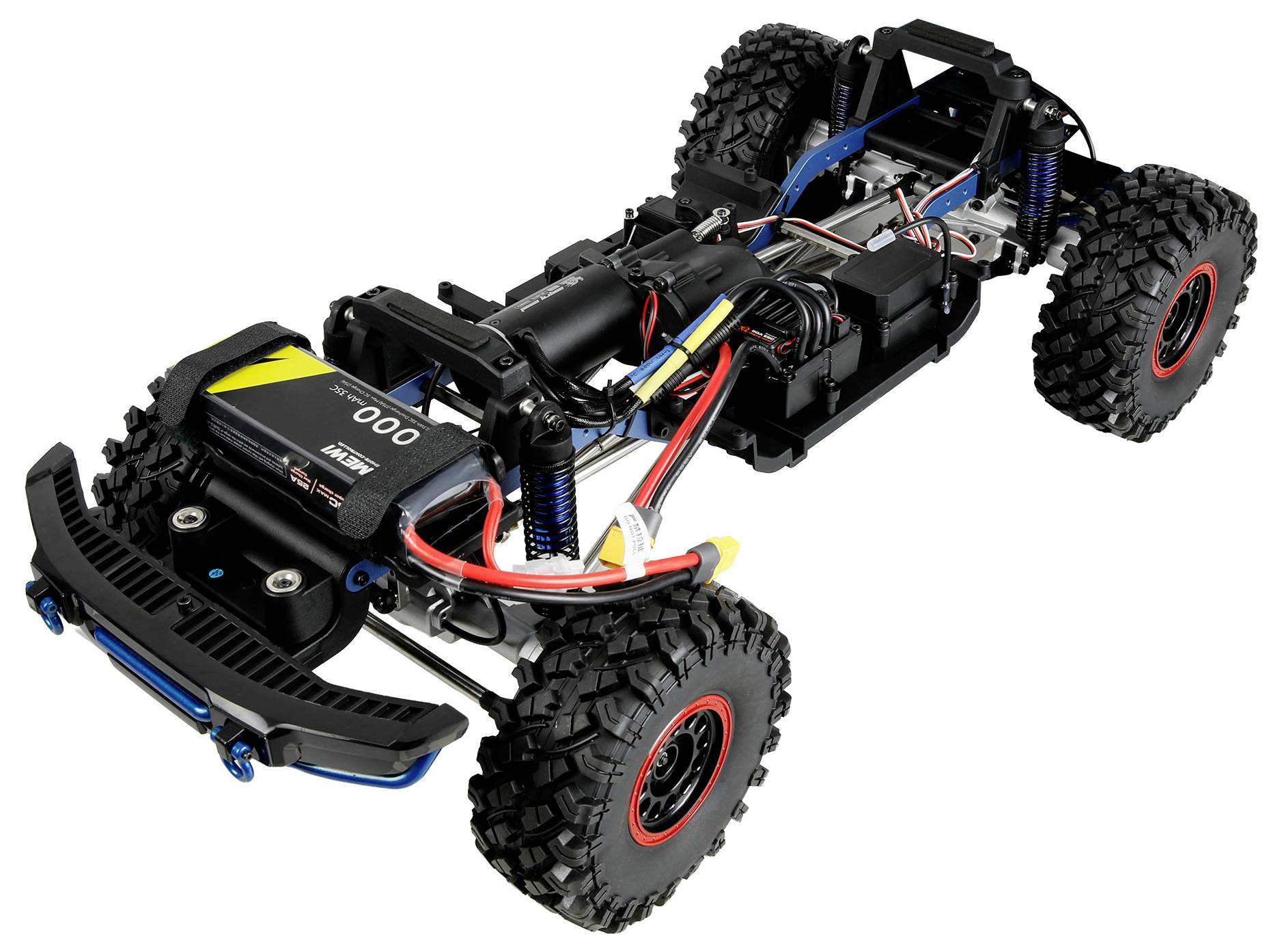Ferngesteuertes Offroad-Laster-Fahrgestell mit freigelegter Batterie, Verkabelung und Aufhängung, gezeigt auf weißem Hintergrund.