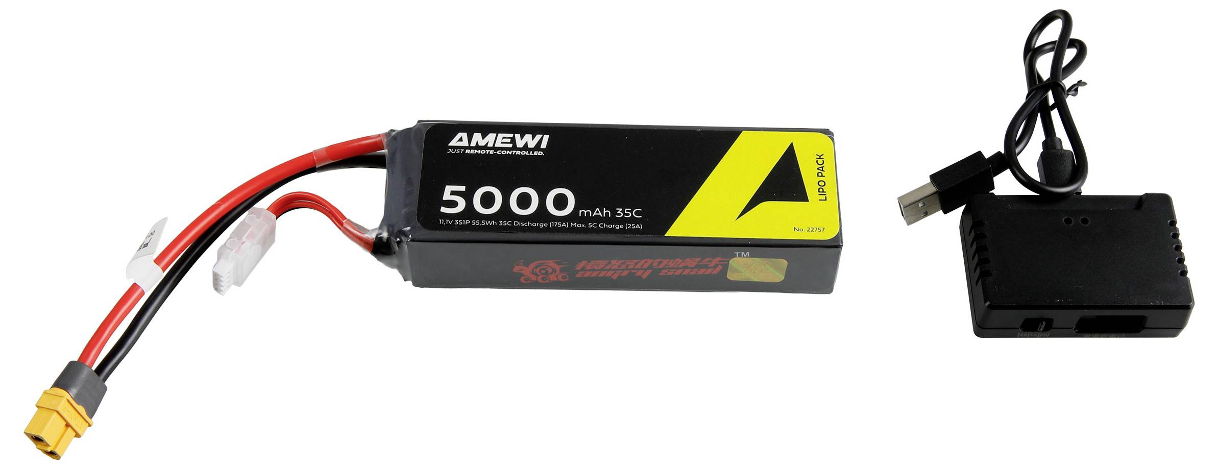 Schwarzes 5000-mAh-LiPo-Akku mit roten und schwarzen Anschlussdrähten und Stecker, dargestellt neben einem kleinen Ladegerät mit aufgewickeltem Kabel.