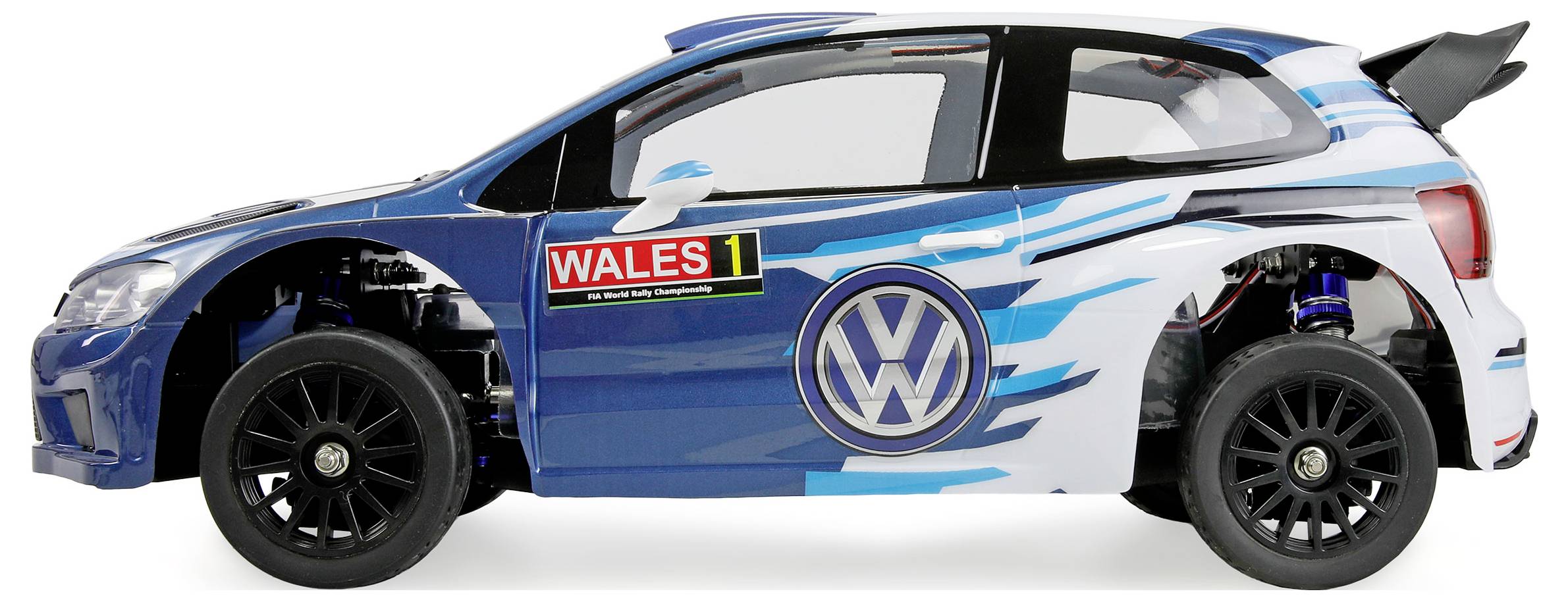 Blau-weißer Rallye-Rennwagen von Volkswagen in Seitenansicht, beschriftet mit 