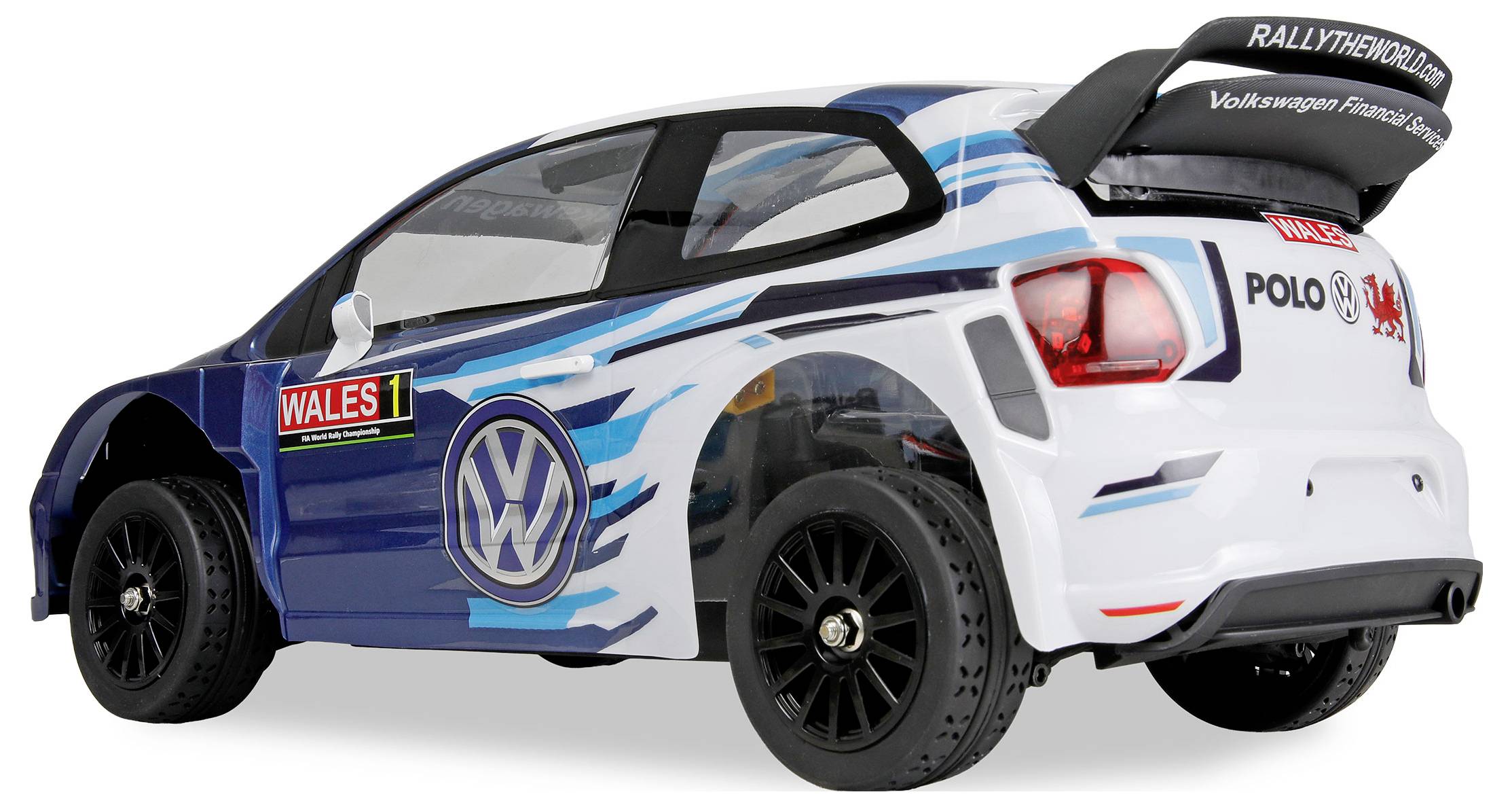 Weißer Volkswagen Polo Rallyeauto mit blauen Grafiken, „WALES