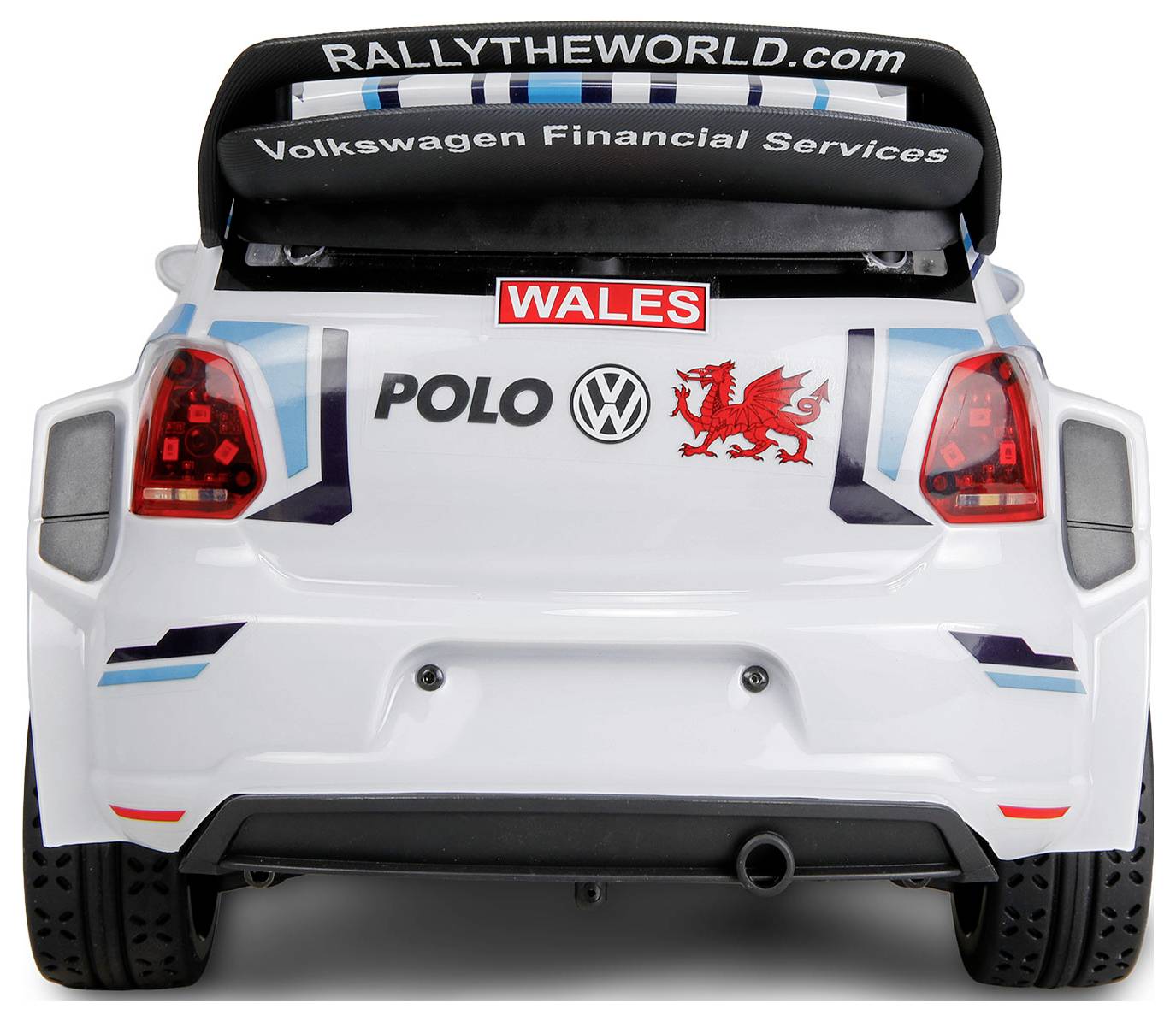 Rückansicht eines weißen Volkswagen Polo Rallye-Autos mit „WALES