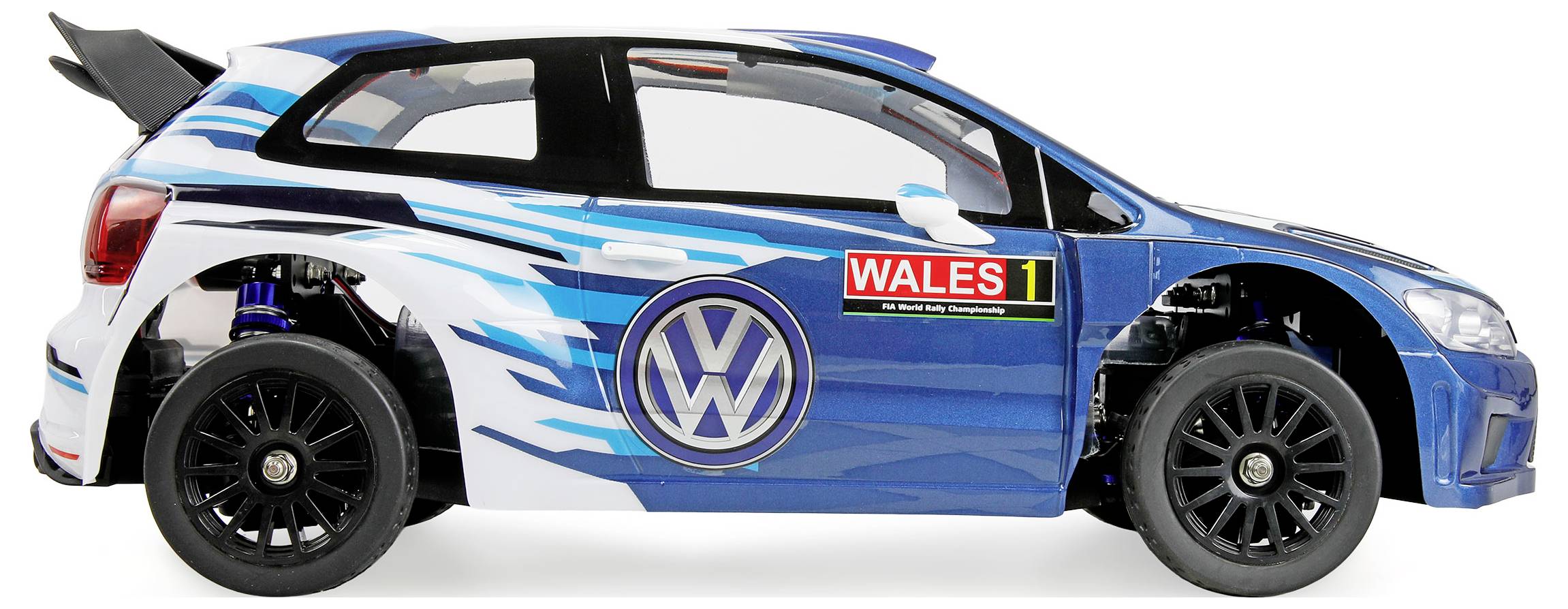 Blau-weißer Volkswagen-Rallyewagen in Seitenansicht, mit „WALES 1