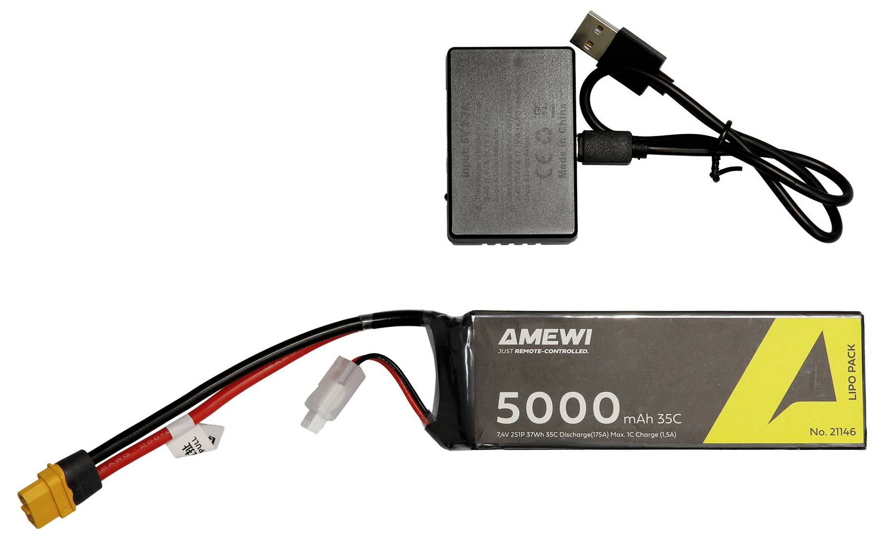Ein wiederaufladbares Batteriepaket mit angebrachten Stromkabeln und Steckverbinder, dargestellt neben einem schwarzen Wandladegerät.